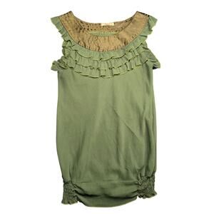Vintage Y2K RAY Olive Green Ruffle Silk Blouse Fairycore Smocked Top S